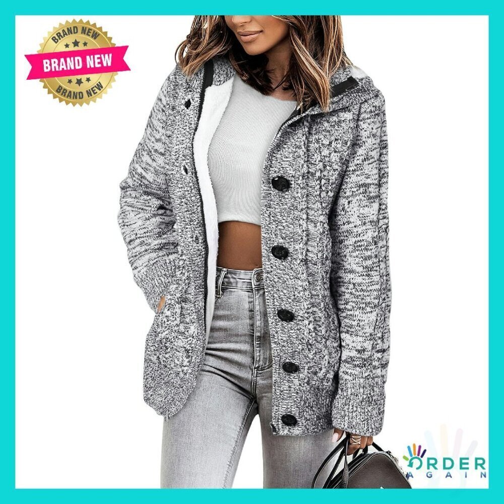 Fleece Lined Hooded Cardigan Sweater Jacket Cozy Winter Chic Oversized